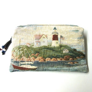 Zippered Pouch Pencil Case Cosmetic Bag Make Up Pouch Clutch Purse Organizer Black Leather Lighthouse Tapestry Fabric
