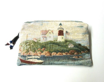 Zippered Pouch Pencil Case Cosmetic Bag Make Up Pouch Clutch Purse Organizer Black Leather Lighthouse Tapestry Fabric