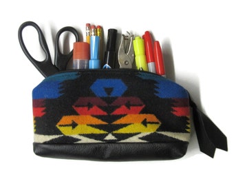 Office Desk Organizer Black Leather Large Zippered Pouch Colorful Blanket Wool from Pendleton Woolen Mills