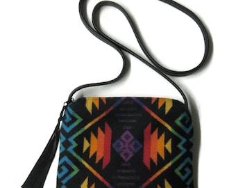 Purse Crossbody Shoulder Bag Black Leather Coyote Butte Blanket Wool Fabric from Pendleton Woolen Mills