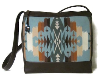 Large Shoulder Bag Purse Brown Leather Southwest Blanket Wool from Pendleton Woolen Mills Tucson Aqua