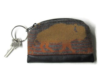 Leather Key Ring Key Fob Buffalo Zippered Pouch Change Pouch Coin Purse Blanket Wool From Pendleton Woolen Mills