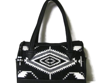 Handbag Shoulder Purse 9 Pockets Black Leather Blanket Wool Fabric from Pendleton Woolen Mills