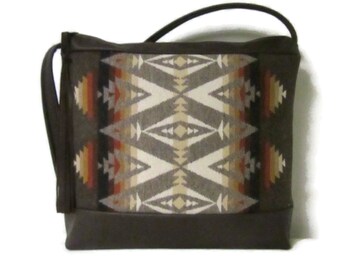 Shoulder Bag Possible Cross Body Purse Pacific Crest Blanket Wool from Pendleton Woolen Mills Brown Leather Native American Inspired