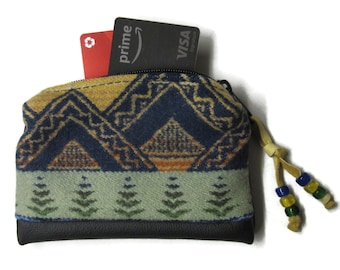 Pouch Leather Zippered Change Coin Purse Make Up Clutch Bag Wool Fabric from Pendleton