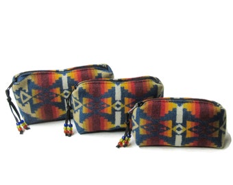 Gift Set of 3 Colorful Wool Zippered Pouches Purse Organizers Travel Bags Blanket Wool from Pendleton Woolen Mills