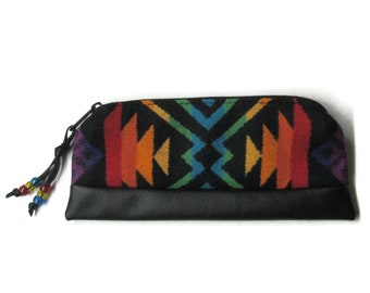 Zippered Black Leather Pouch Pencil Case Cosmetic Bag Make Up Pouch Clutch Purse Blanket Wool from Pendleton Woolen Mills