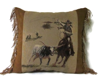 Western Pillow Round Up Steer Bull Roping Cowboy Rodeo Ranch Tapestry Fringed Pillow Passion Suede
