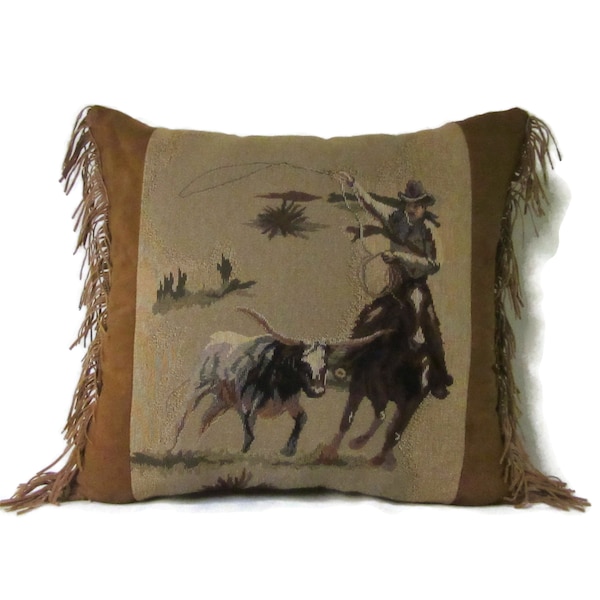 Western Pillow Round Up Steer Bull Roping Cowboy Rodeo Ranch Tapestry Fringed Pillow Passion Suede