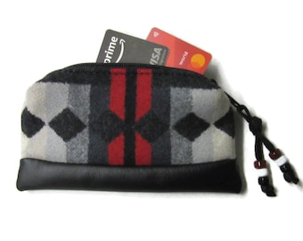 Coin Purse Leather Zippered Pouch Make Up Clutch Bag Blanket Wool Fabric from Pendleton Woolen Mills