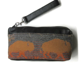 Buffalo Wrist Bag Clutch Purse Blanket Wool from Pendleton Woolen Mills Soft Black Leather Removable Strap