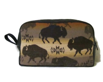 Buffalo Man Bag Shaving Bag Case Mens Toiletries Black Leather Travel Dopp Bag Wool from Pendleton Woolen Mills Tribal Inspired