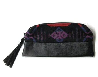 Pencil Case Zippered Black Leather Pouch Cosmetic Bag Make Up Clutch Purse Blanket Wool Fabric from Pendleton Woolen Mills