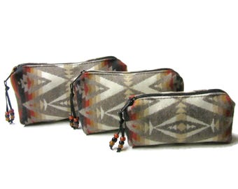 Pouches Purse Organizers Set of 3 Wool Zippered Travel Bags Blanket Wool Fabric from Pendleton Woolen Mills