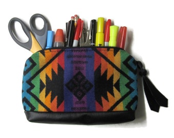Office Desk Organizer Black Leather Large Zippered Pouch Colorful Blanket Wool from Pendleton Woolen Mills