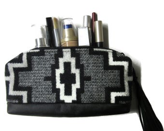 Cosmetic Bag Make Up Clutch Zippered Pouch Black Leather Wool Fabric from Pendleton Unlined