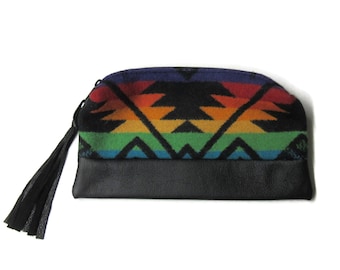 Pouch Zippered Black Leather Pencil Case Cosmetic Bag Make Up Clutch Purse Blanket Wool Fabric from Pendleton Woolen Mills