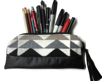 Pencil Case Cosmetic Bag Make Up Clutch Purse Zippered Black Leather Pouch Blanket Wool Fabric from Pendleton Woolen Mills