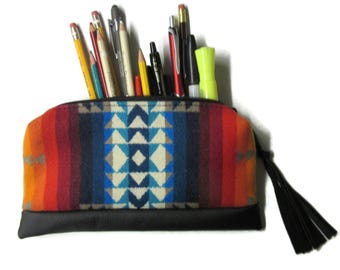 Pouch Zippered Leather Pencil Case Cosmetic Bag Make Up Clutch Purse Wool Fabric from Pendleton