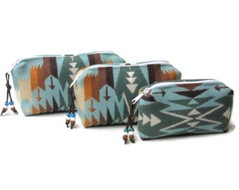 Pouches Purse Organizers Travel Bags Set of 3 Wool Zippered Blanket Wool Fabric from Pendleton Woolen Mills