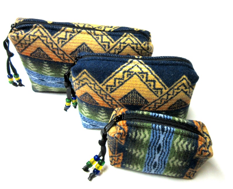 Gift Set of 3 Handmade Wool Zippered Pouches Purse Organizers Travel Bags Blanket Wool from Pendleton Oregon