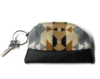 Leather Key Ring Key Fob Zippered Pouch Change Pouch Coin Purse Blanket Wool From Pendleton Woolen Mills