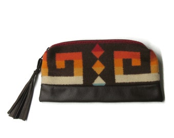 Pencil Case Cosmetic Bag Make Up Clutch Purse Zippered Brown Leather Pouch Blanket Wool Fabric from Pendleton Woolen Mills
