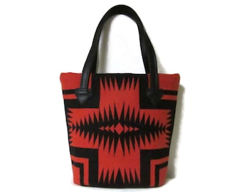 Tote Bag Bucket Purse Black Leather Blanket Wool Fabric from Pendleton Woolen Mills