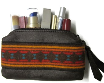 Brown Leather Zippered Pouch Clutch Cosmetic Bag Unlined Blanket Wool Applique