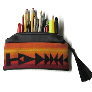 Pencil Case Pouch Zippered Leather Cosmetic Bag Clutch Wool Fabric from Pendleton Woolen Mills
