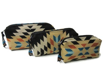 Pouches Purse Organizers Travel Bags Set of 3 Handmade Wool Zippered Blanket Wool Fabric from Pendleton Woolen Mills
