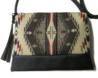 Purse Crossbody Shoulder Black Leather Blanket Wool Fabric from Pendleton Woolen Mills