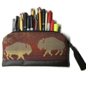 Pencil Case Cosmetic Bag Makeup Pouch Clutch Purse Leather Buffalo Wool Fabric from Pendleton bild 1