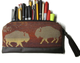 Pencil Case Cosmetic Bag Makeup Pouch Clutch Purse Leather Buffalo Wool Fabric from Pendleton