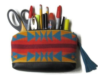 Office Desk Organizer Black Leather Zippered Pouch Colorful Blanket Wool from Pendleton Woolen Mills Turquoise Fringed Leather Zipper Pull