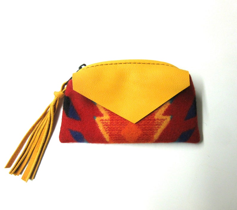 Zippered Pouch Coin Purse Change Purse Yellow Fringed Deer Leather Blanket Wool from Pendleton Oregon