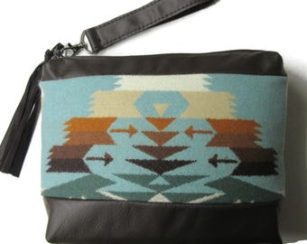 Wrist Bag Clutch Purse Aqua Blanket Wool Fabric from Pendleton Woolen Mills Soft Brown Leather Removable Strap