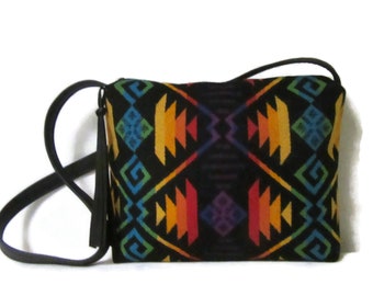 Shoulder Bag Purse Bag  Black Leather Strap Native American Coyote Butte Blanket Wool from Pendleton Woolen Mills