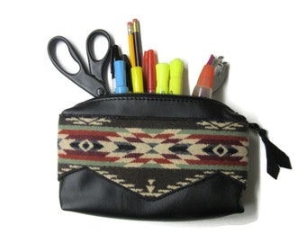 Black Leather Large Zippered Pouch Office Desk Organizer Blanket Wool from Pendleton Woolen Mills