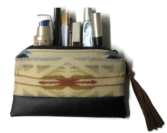 Cosmetic Bag Make Up Clutch Purse Zippered Black Leather Pouch Wool Fabric from Pendleton Woolen Mills