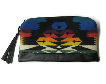 Pencil Case Large Leather Zippered Pouch Cosmetic Bag Make Up Clutch Purse Colorful Wool Fabric from Pendleton Woolen Mills