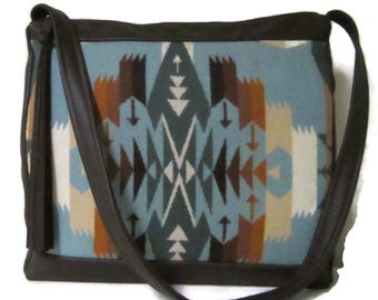Shoulder Bag Handbag Large Brown Leather Blanket Wool Fabric from Pendleton Woolen Mills