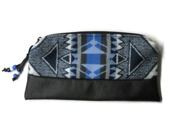 Zippered Black Leather Pouch Pencil Case Cosmetic Bag Make Up Pouch Clutch Purse Blanket Wool from Pendleton Woolen Mills