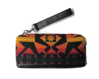 Wrist Bag Clutch Purse Blanket Wool Fabric from Pendleton Soft Black Leather Removable Strap