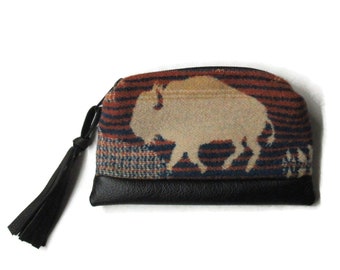 Black Leather Zippered Pouch Change Coin Purse Make Up Pouch Clutch Bag Blanket Buffalo Wool from Pendleton Woolen Mills Fringed Zipper Pull