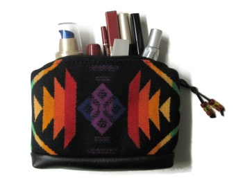 Zippered Pouch Black Leather Make Up Cosmetic Bag Clutch Purse Blanket Wool from Pendleton Woolen Mills Unlined
