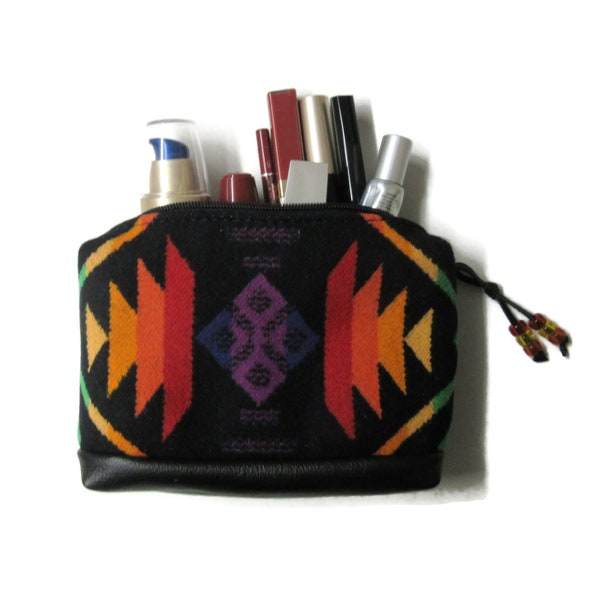 Zippered Pouch Black Leather Make Up Cosmetic Bag Clutch Purse Blanket Wool from Pendleton Woolen Mills Unlined