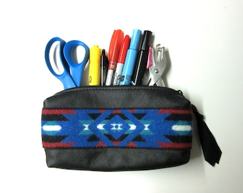 Large Black Leather Pencil Zippered Pouch Desk Organizer Blanket Wool Applique