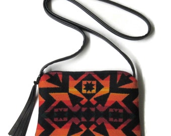 Purse Cross Body Bag Shoulder Black Leather Blanket Wool Fabric from Pendleton Woolen Mills