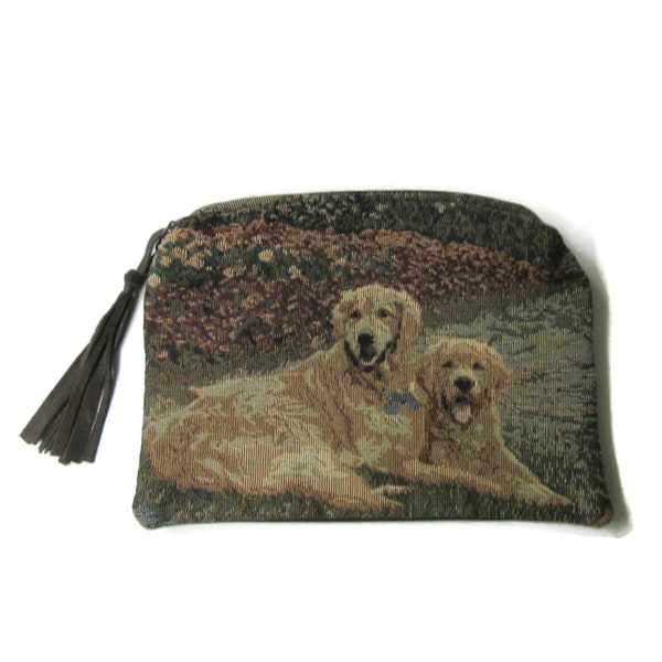 Large Zippered Tapestry Pouch Brown Leather Pencil Case Organizer Beautiful Golden Retriever Dog Dogs